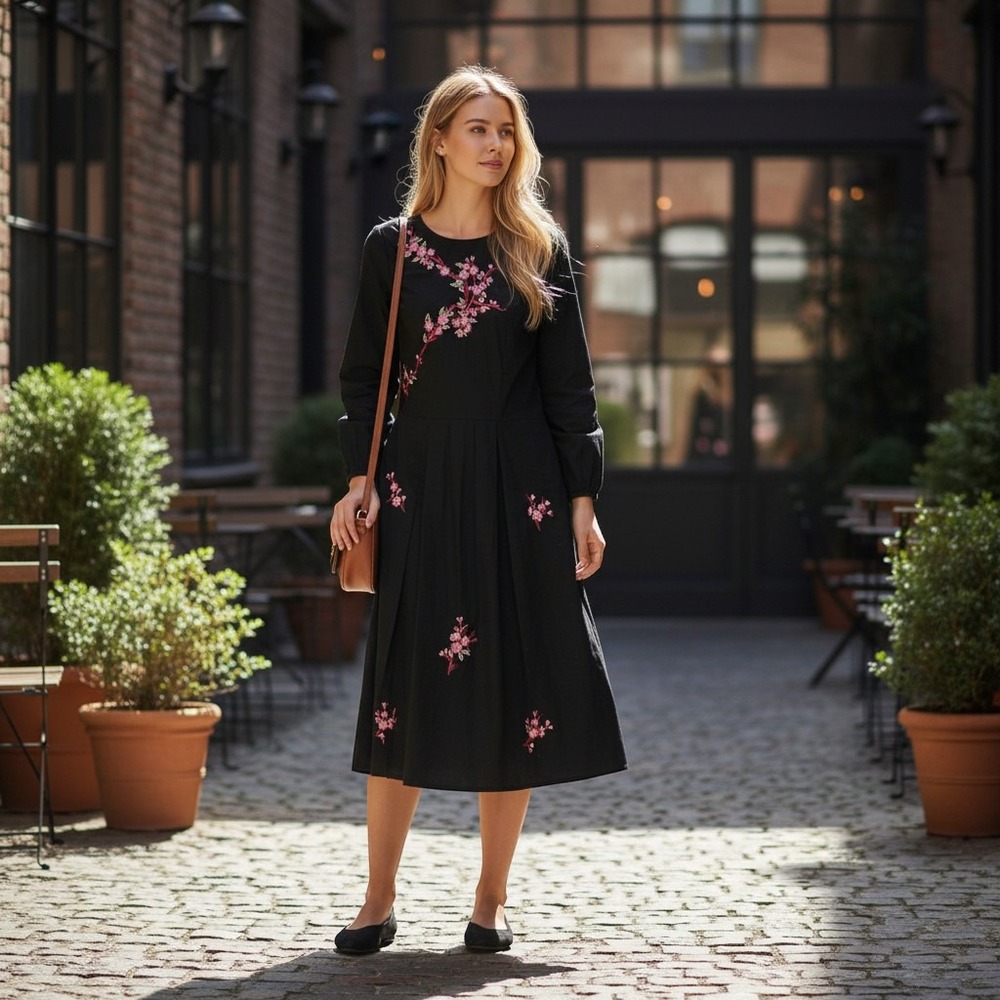 eShakti Wayward Fancies Black Floral Embroidered Midi Dress Long Sleeve M 10